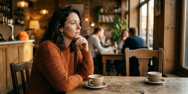 Zamyślona kobieta w kawiarni patrzy na puste krzesło, zastanawiając się, czy były partner wróci po rozstaniu. Profesjonalny rozkład Tarota na powrót i miłość.