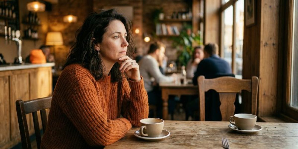 Zamyślona kobieta w kawiarni patrzy na puste krzesło, zastanawiając się, czy były partner wróci po rozstaniu. Profesjonalny rozkład Tarota na powrót i miłość.